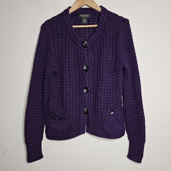 Eddie Bauer Deep Purple Chunky Knit Cardigan Size Large - Picture 2 of 6